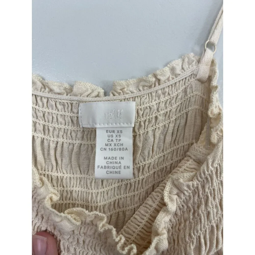 H&M Smocked Linen Blend Wide Leg Cream Jumpsuit Size XS